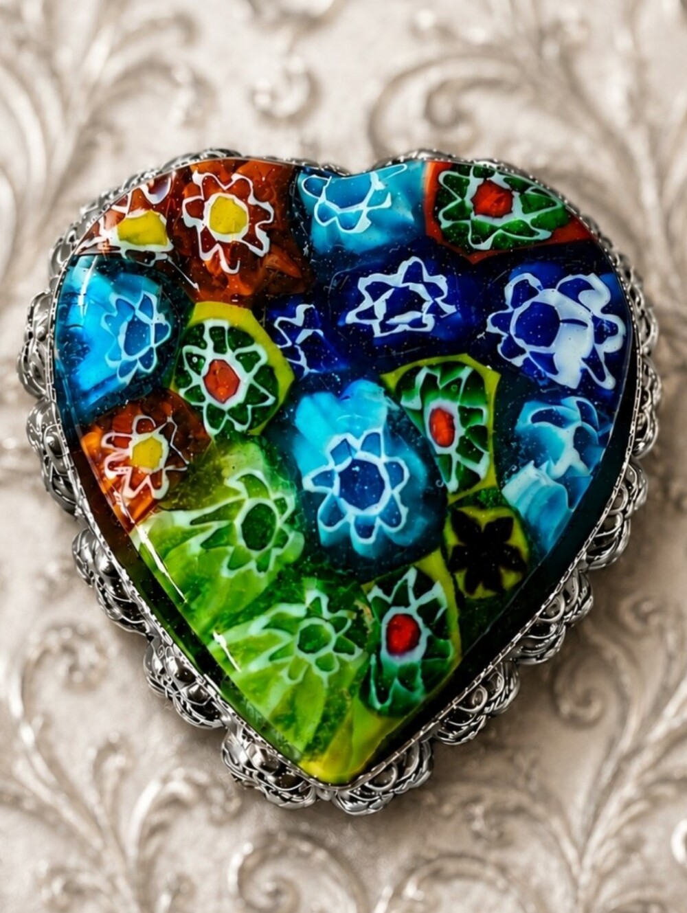 Millefiore Cane Vintage Silver Tone Pill Case Stash Box Heart Shape Design